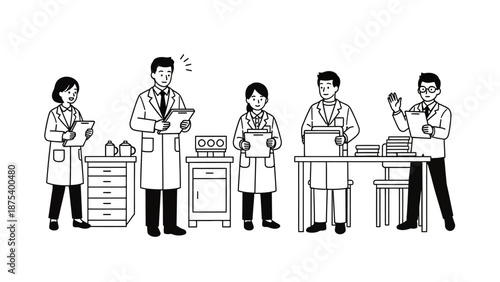 Diverse group of scientists in a laboratory setting, engaged in research and discussion