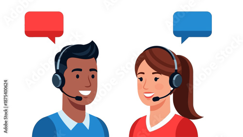 Customer service representatives wearing headsets, communicating with customers through speech bubbles on a white background, symbolizing communication and support