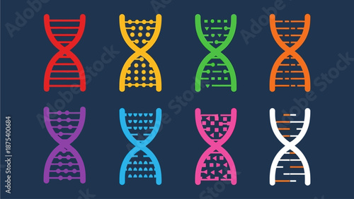 Diverse DNA double helix illustrations in vibrant colors representing genetics and scientific research on a dark background
