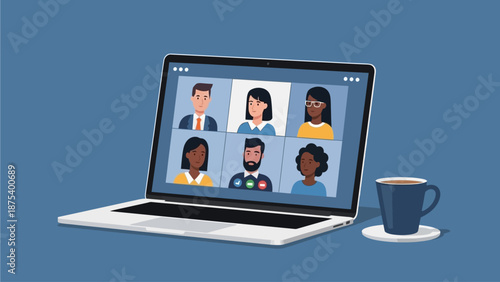 Online Meeting with Diverse Team on Laptop Screen, Communication and Collaboration Concept