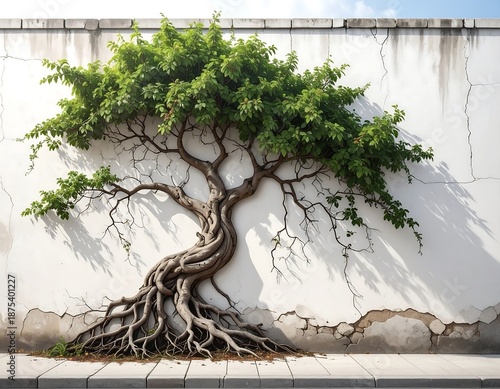 Tree with twisting roots against a distressed white wall, casting shadows on a light sidewalk