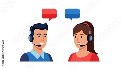 Two people wearing headsets with speech bubbles above them, representing communication and conversation