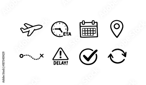 Set of travel and logistics icons including airplane, clock, calendar, and map pin