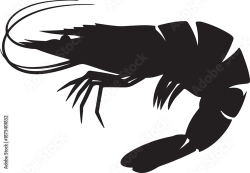 Black silhouette of a shrimp on a white background