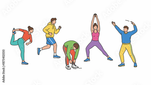 Active People Fitness Workout Set. Diverse Group Running, Stretching, and Warming Up. Modern Vector Illustration for Health and Wellness Concepts.