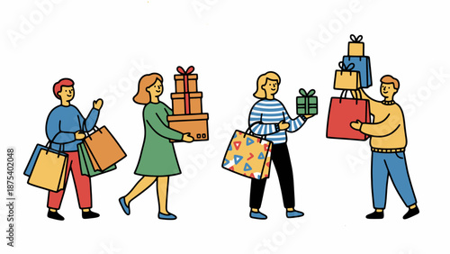 Colorful doodle illustration of happy people shopping and carrying many gift boxes and retail bags. Consumer lifestyle and holiday purchasing.