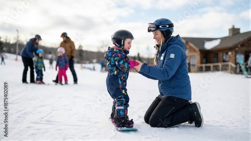 Woman instructor teaching little child how to snowboard on a snowy mountain slope at a ski resort. Childhood activity and winter sport.