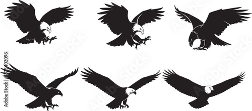 Bald eagle silhouette logo set with flying, landing and attacking poses in black minimalist style, powerful bird of prey icons for branding, sports, wildlife and patriotic design