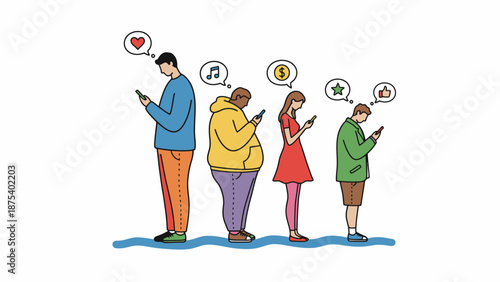 Smartphone Users Line Up: People Checking Social Media, Finance, Music, and Likes on Mobile Devices. Digital Dependence Illustration.