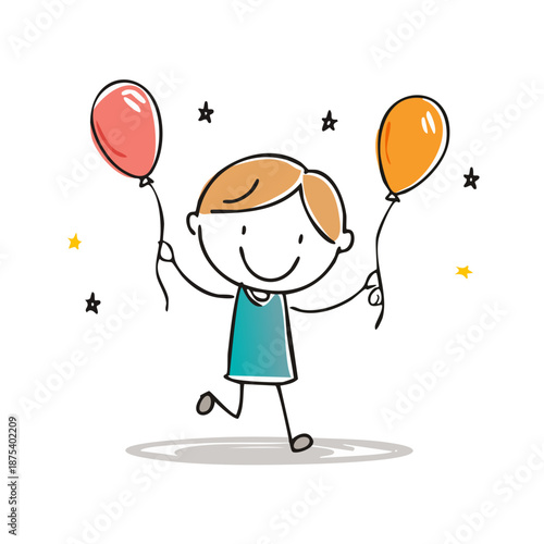 A cheerful cartoon boy holding colorful balloons.