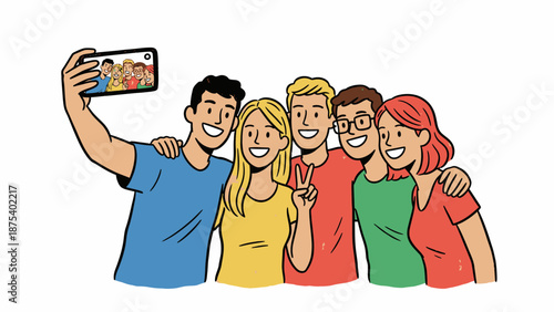 Happy Friends Taking Selfie on Smartphone. Youth Group Portrait Using Mobile Phone for Social Media Photo. Hand-Drawn Cartoon Illustration.