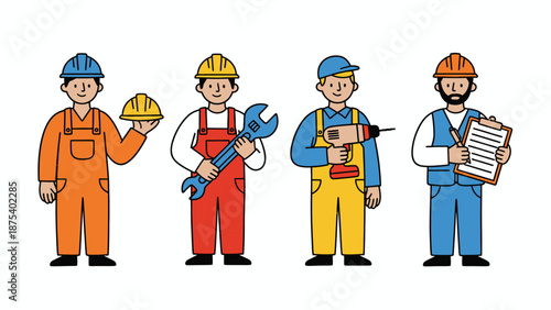 Construction and Skilled Tradesmen Team Holding Tools. Professional Blue Collar Professions Character Set.