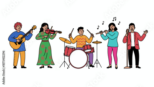 Diverse Musical Band Performing Live: Guitarist, Violinist, Drummer, Flutist, and Singer. Modern Flat Cartoon Vector Illustration.