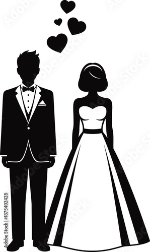 A silhouette of a newlywed couple dressed in formal attire stands closely together as hearts float above them symbolizing love and commitment