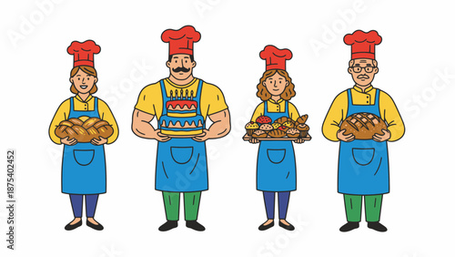 Cartoon Bakers Team Holding Fresh Bread, Birthday Cake, and Pastries. Professional Chefs Illustration Set on White Background.