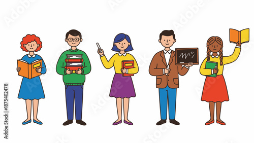 Diverse Educators and Students Vector Illustration. Happy People Holding Books, Chalkboard, and Learning Supplies.