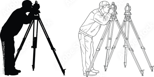 Land surveyor silhouette with theodolite, detailed line drawing of surveyor using tripod instrument, professional land surveying equipment illustration, engineering measurement scene vector