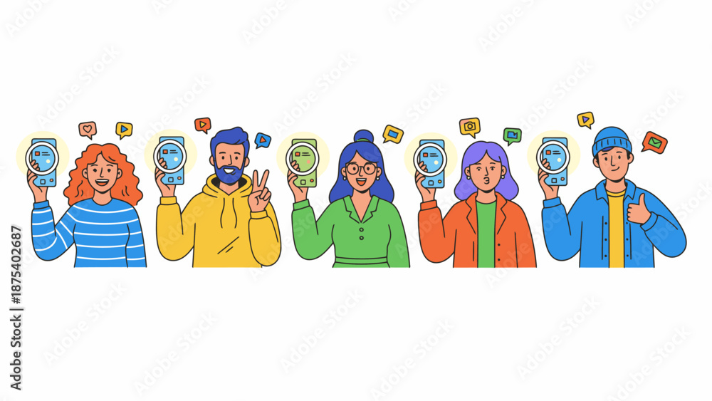 Fototapeta premium Diverse Group Holding Smartphones with Search Icon. Mobile Social Media Marketing, Online Community, Digital Information Finding and User Research Concept.