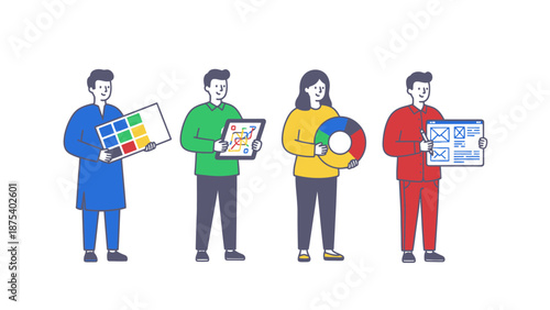 Design Team Collaboration Illustration: Graphic Designers, Color Experts, and UI/UX Developers Isolated on White.