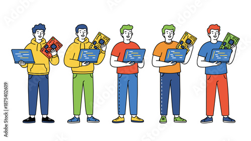 Technology Team Working on Hardware Development. Engineers Coding on Laptops Holding Microcontroller Boards.