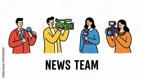 Cute Hand Drawn News Team Illustration: Journalists, Cameraman, Reporter, and Photographer Crew for Broadcast Media