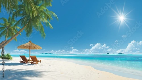 Paradise Beach Resort Scenery with Palm Trees and Turquoise Ocean Water Landscape View
