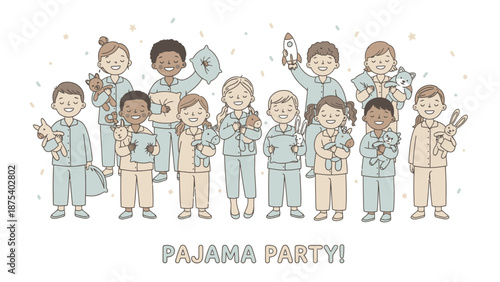 Cute diverse kids at a Pajama Party illustration. Happy children in pastel sleepwear with stuffed animals and pillows on a white background.