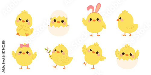 Cute chicken character set for Easter and spring design. Adorable yellow chicks in different poses. Flat vector illustration isolated on white background.