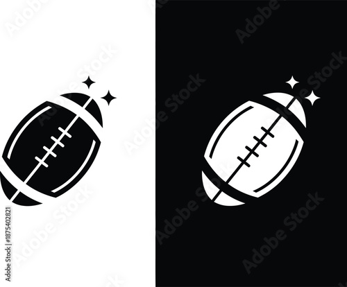 A striking graphic depiction features an american football illustrated in both black on white and white on black adorned with sparkling stars