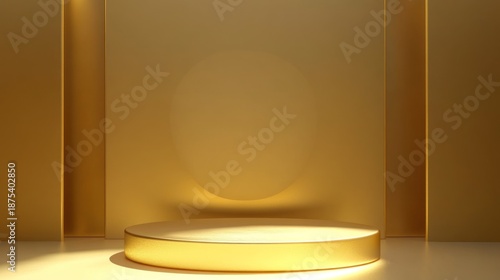 Empty Golden Product Display Pedestal Stage with Elegant Gold Wall Background and Spotlighting