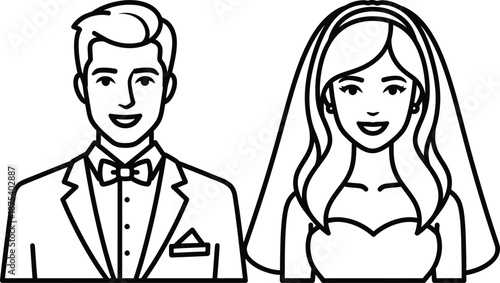 a simple black and white illustration depicts a newlywed couple a groom in a suit and a bride wearing a veil