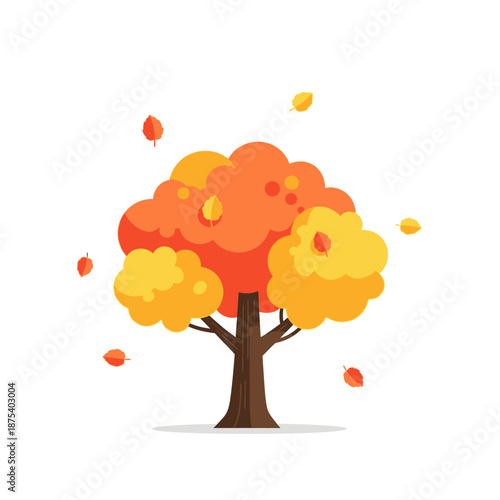 Autumn Tree with Falling Leaves, Colorful Foliage, Flat Design