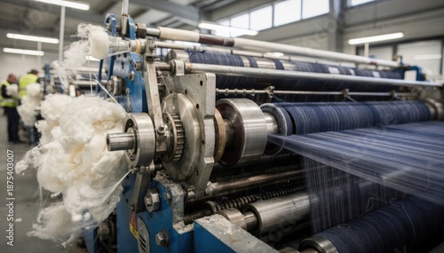 Medium shot capturing denim yarn production on an openend rotor spinning line highlighting the precise mechanical operation and fiber movement.