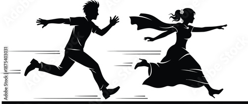 a dynamic black and white illustration shows a couple in motion appearing to run or flee together with trailing lines