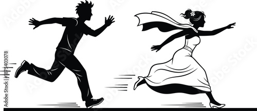 a striking black and white illustration depicts a bride and groom fleeing seemingly escaping or running away together in haste
