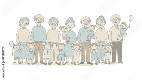 Cute Hand-Drawn Illustration of a Large Multi-Generational Family Group: Grandparents, Elders, and Many Happy Grandchildren.