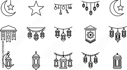 A beautiful collection of Ramadan and Eid alFitr line art vector icons featuring traditional lanterns crescent moons and stars perfect for Islamic holiday designs