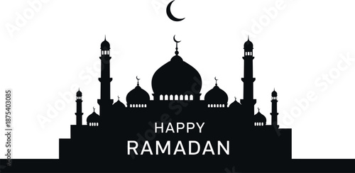 A beautifully designed Happy Ramadan greeting card featuring a mosque silhouette with crescent moon symbolizing the holy Islamic month celebration