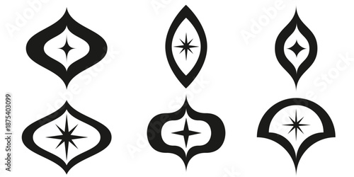 Mid century modern atomic stars inside ogee and oval shapes 9 icons set. For design elements, stickers and clip arts