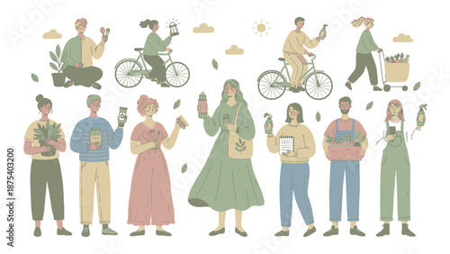 Sustainable Green Lifestyle People Collection. Diverse characters practicing eco-friendly, zero waste, and conscious consumer habits. Hand-drawn illustration.