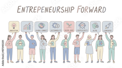 Entrepreneurship Forward: Business Concepts and Future Trends Illustration with Innovation, Sustainability, AI, Cybersecurity, and Social Good