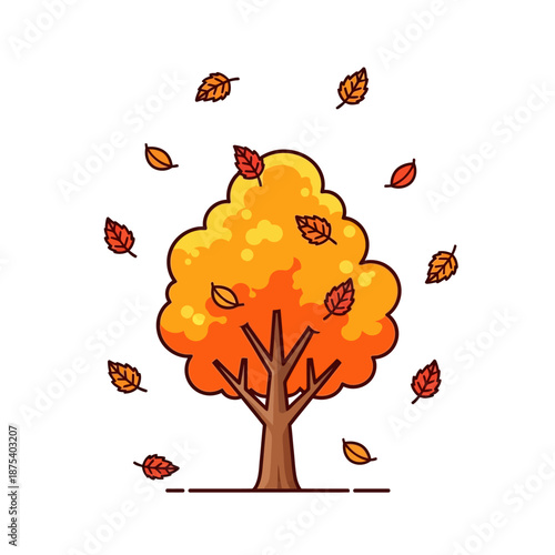 Autumn Tree with Falling Leaves - Vibrant Orange Foliage Illustration