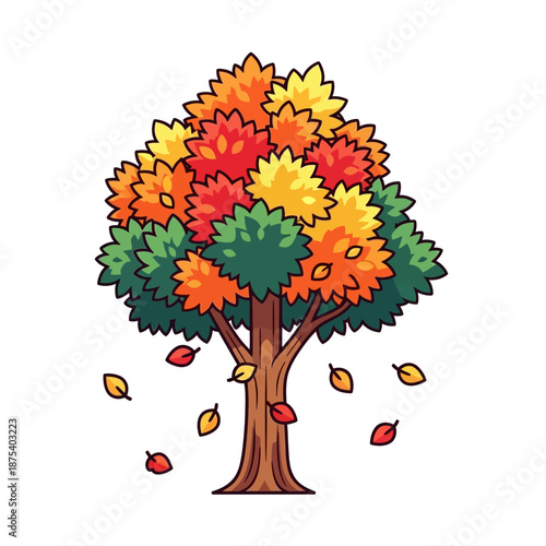 Autumn Tree with Falling Leaves, Vibrant Colors, Seasonal Change Illustration