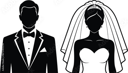 a simple black silhouette illustration depicts a bride wearing a veil and tiara with a groom in a tuxedo high quality