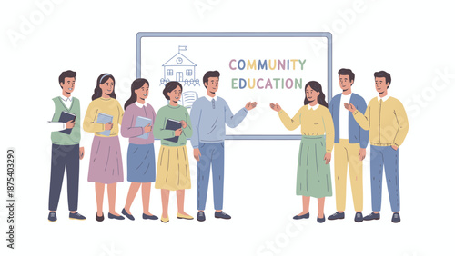 Flat Vector Illustration of Young People Presenting Community Education Program for Adult Learning and Social Outreach