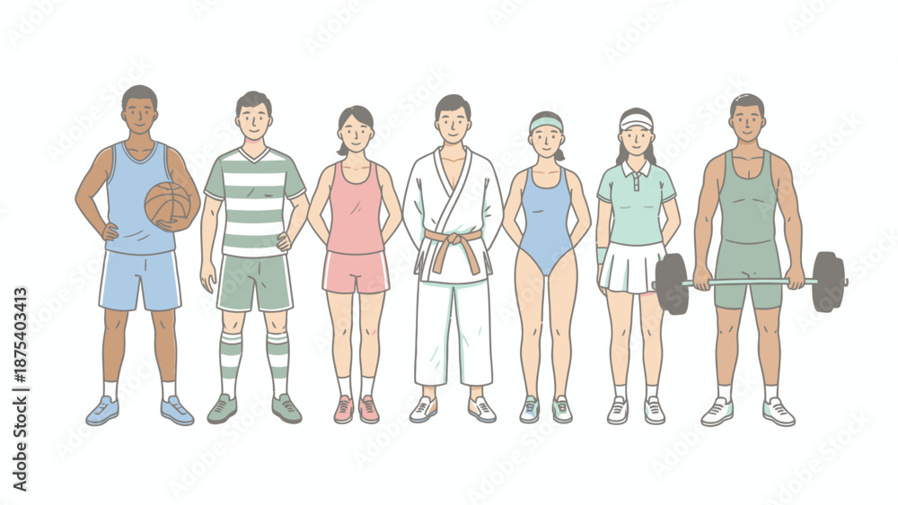 Fototapeta premium Diverse Group of Athletes Illustration. Seven People in Various Sports Uniforms (Basketball, Karate, Soccer, Weightlifting, Swimming, Tennis) Representing Fitness and Healthy Lifestyle.