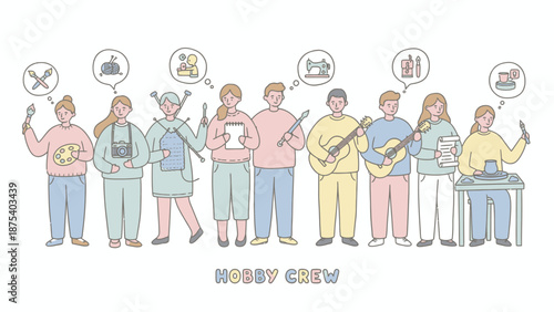 Diverse Group of People Engaging in Creative Hobbies: Painting, Music, Photography, Knitting, Pottery. Doodle style illustration, Hobby Crew concept.