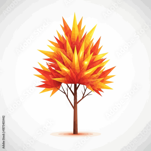Abstract Autumn Tree with Fiery Orange and Yellow Leaves, Geometric Style