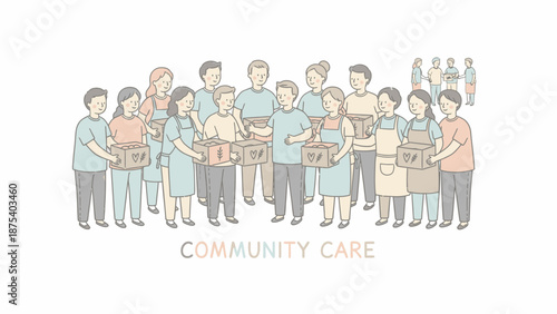 Community Care Volunteers Holding Food Donation Boxes. Cute Charity and Mutual Aid Hand-Drawn Illustration.