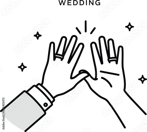A minimalistic line drawing depicts two hands meeting in a high five subtly hinting at celebration and wedding festivities high quality